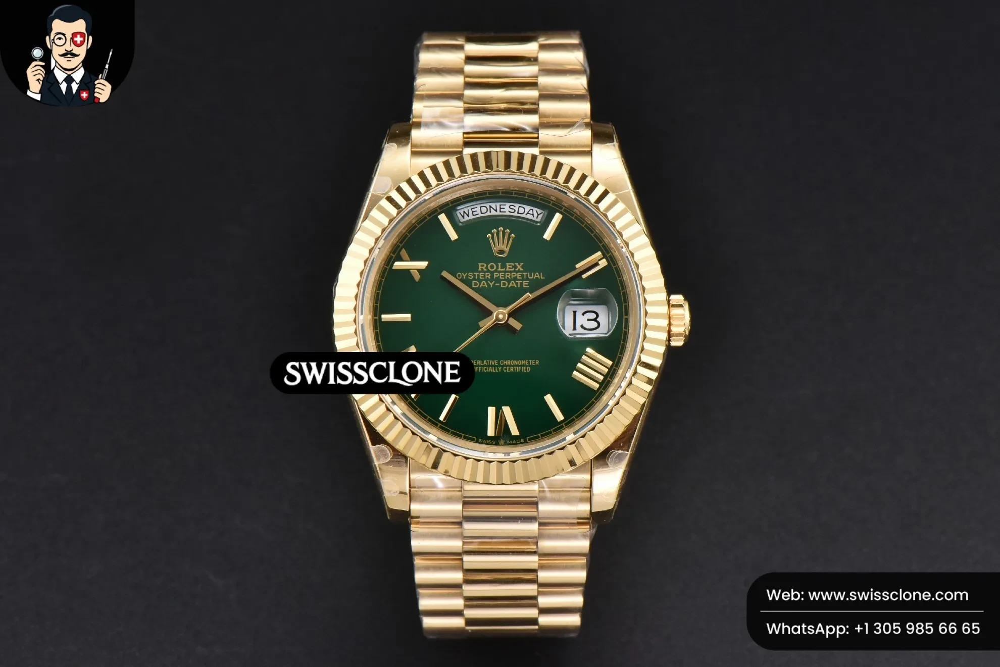 Rolex DayDate 40mm 904L Green Dial (SW-27162) 1:1 Super Clone - Dial Macro & Hands Close-Up