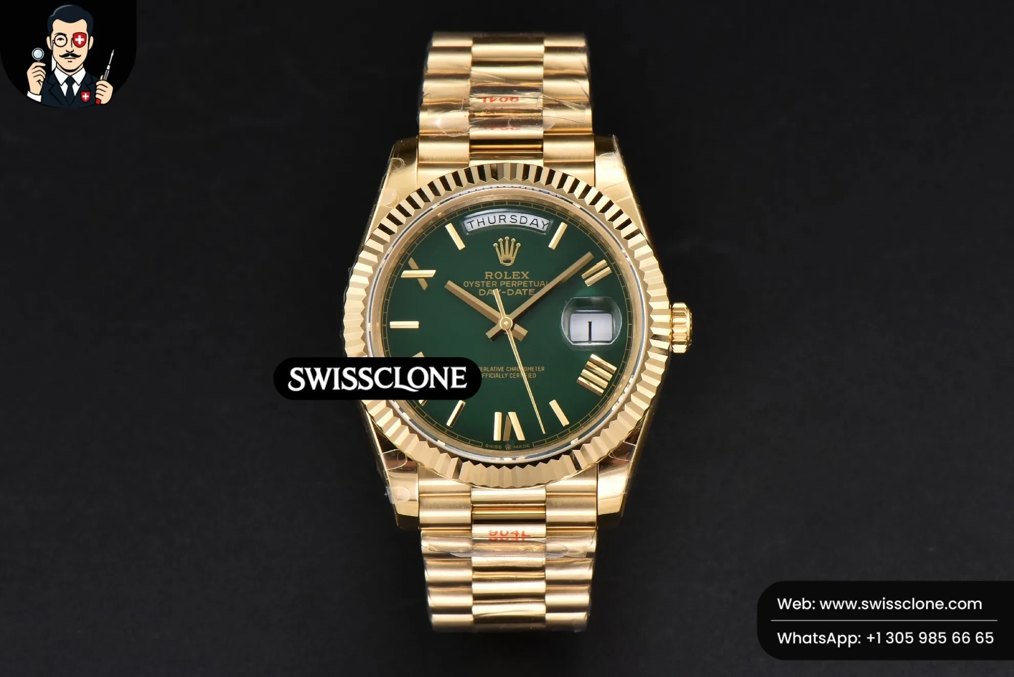 Rolex DayDate 40mm 904L Green Dial (SW-27170) 1:1 Super Clone - Dial Macro & Hands Close-Up