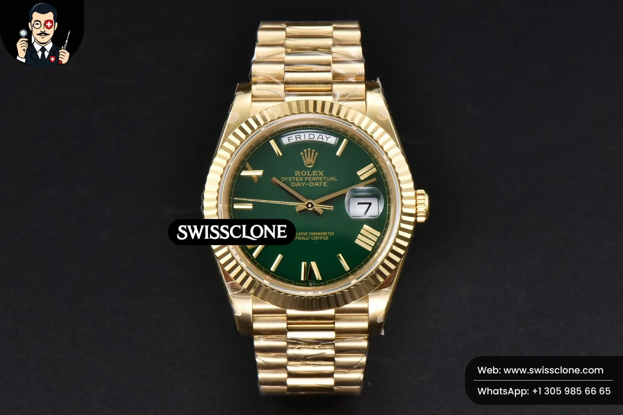 Rolex DayDate 40mm 904L Green Dial 1:1 Super Clone - Dial Macro Close-Up