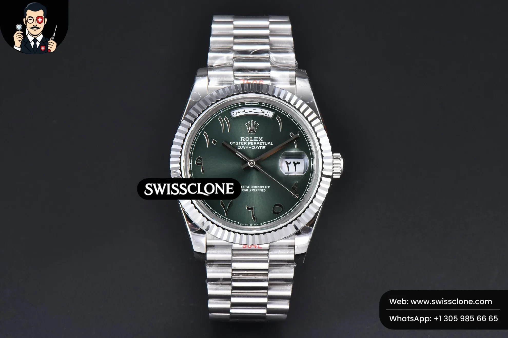 Rolex DayDate 40mm 904L Oliva Green Arabic Dial President 1:1 Super Clone - Dial Macro Close-Up