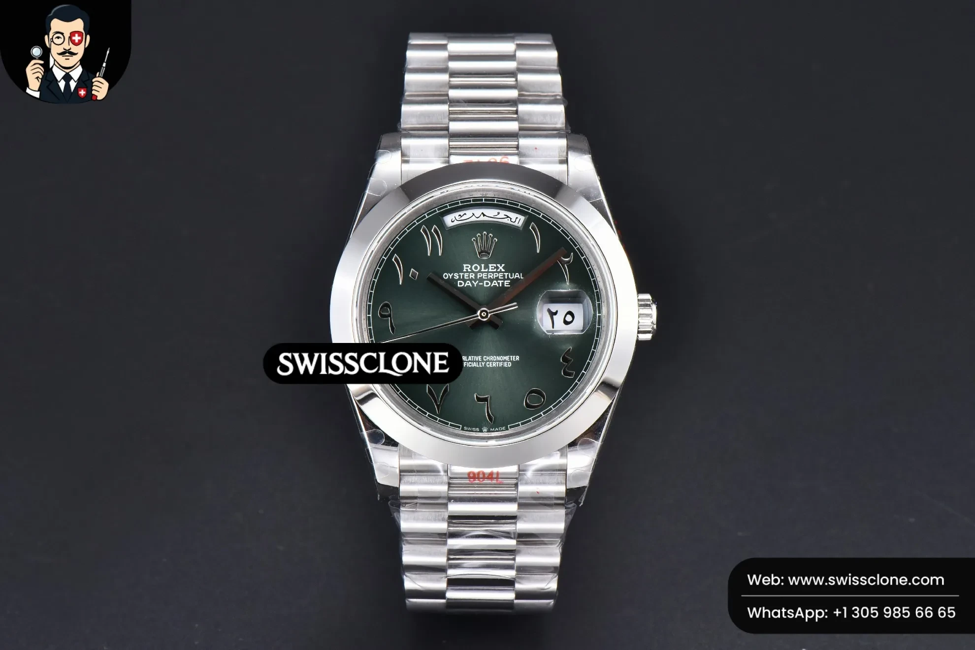 Rolex DayDate 40mm 904L Smooth Oliva Green Arabic Dial President 1:1 Super Clone - Dial Macro Close-Up