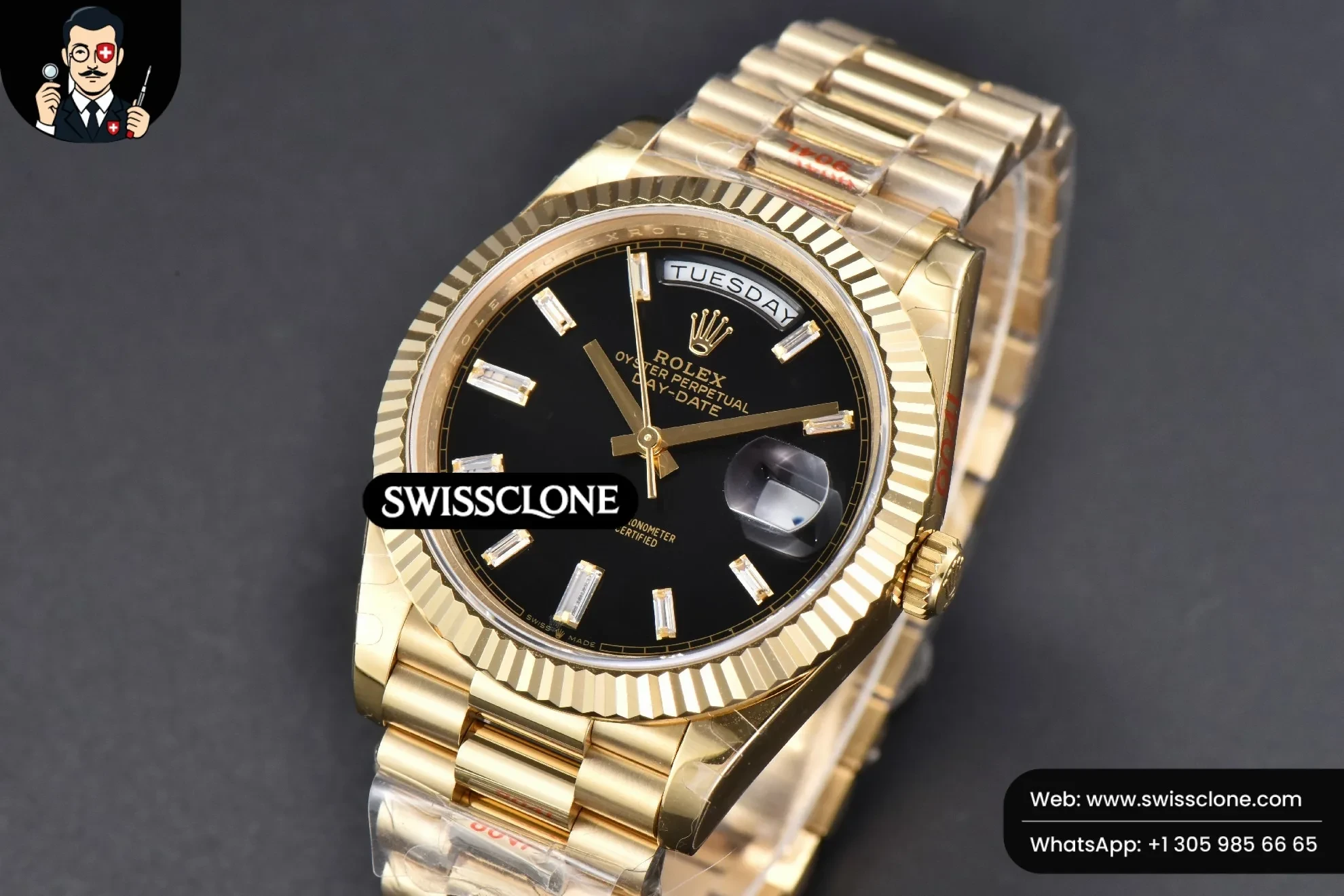 Rolex DayDate 40mm Black Dial Diamond Marker President 1:1 Super Clone - Bezel & Case Profile