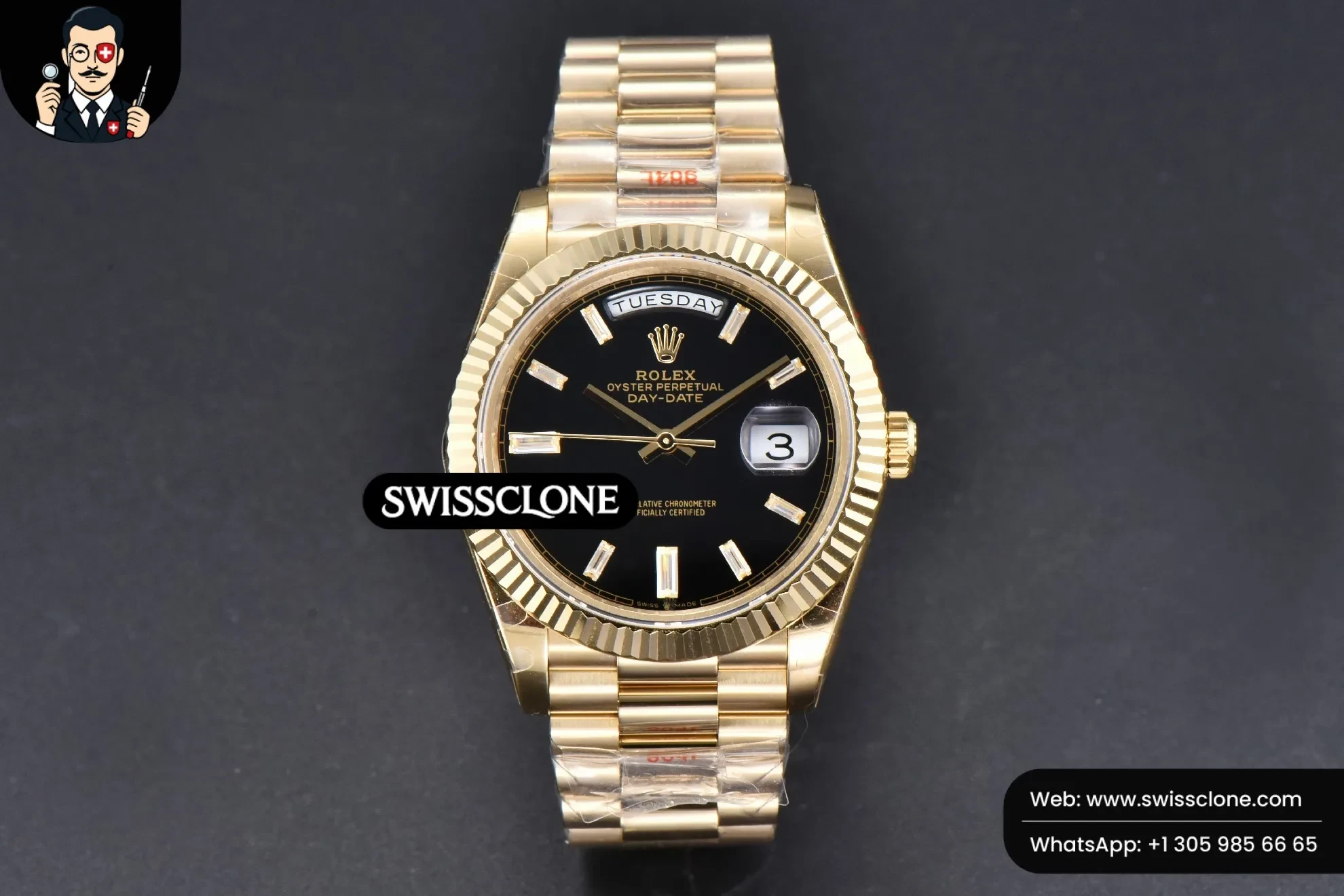 Rolex DayDate 40mm Black Dial Diamond Marker President 1:1 Super Clone - Dial Macro Close-Up