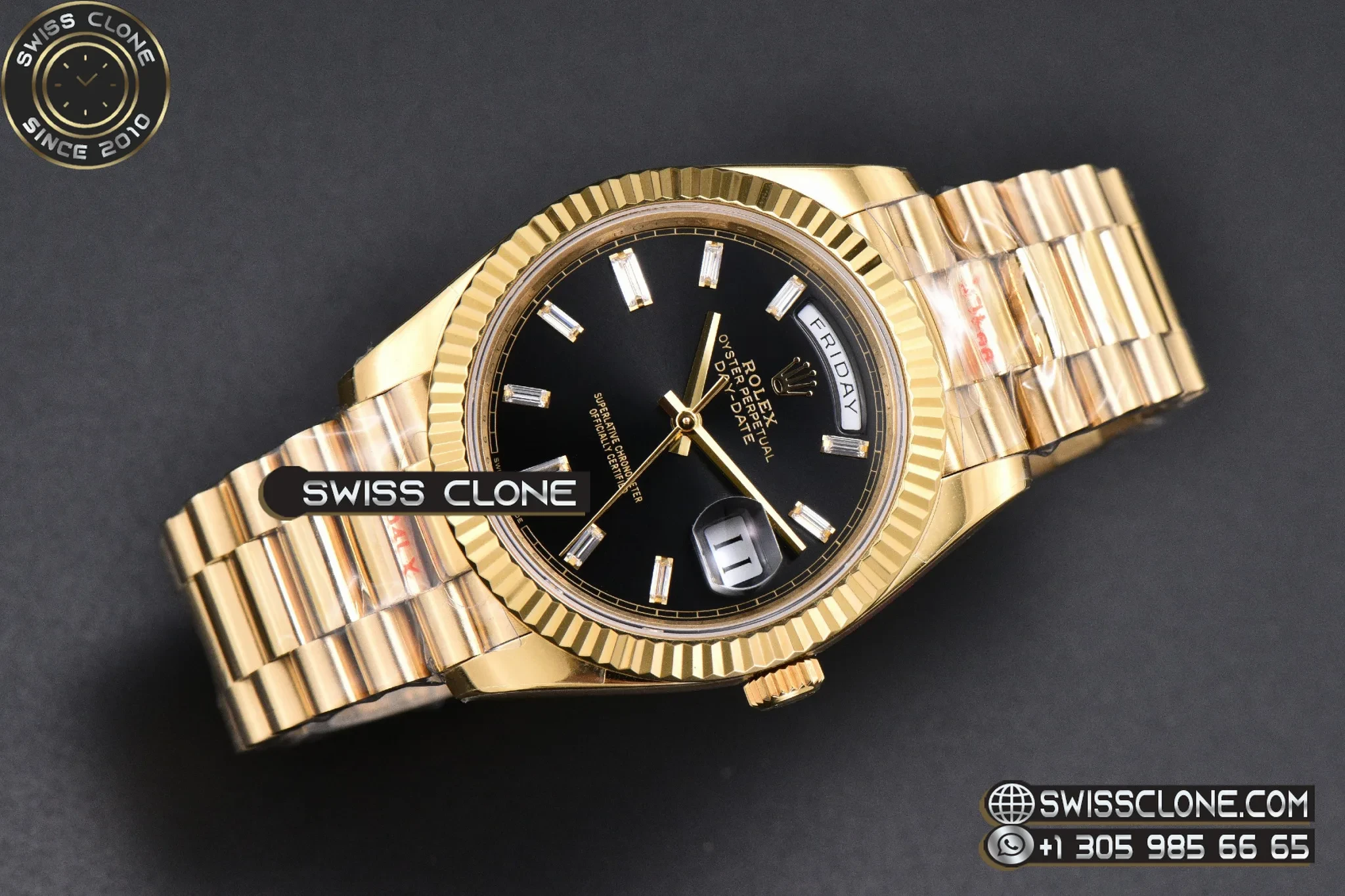 Rolex DayDate 40mm Black Dial Diamond Marker President VR3255 Tungsten 1:1 Super Clone - Dial Macro Close-Up