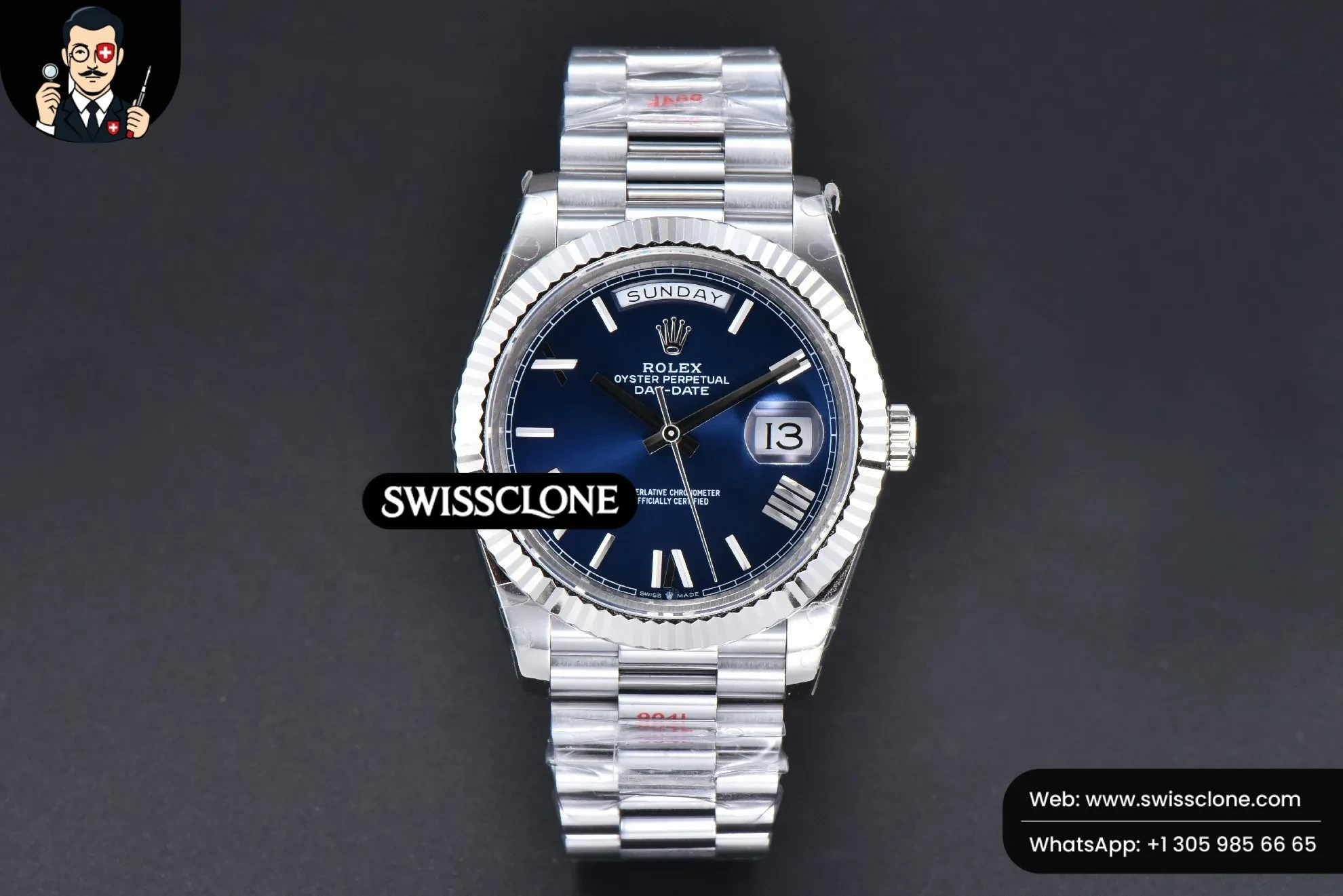 Rolex DayDate 40mm Blue Dial Roma Marker President 1:1 Super Clone - Dial Macro Close-Up