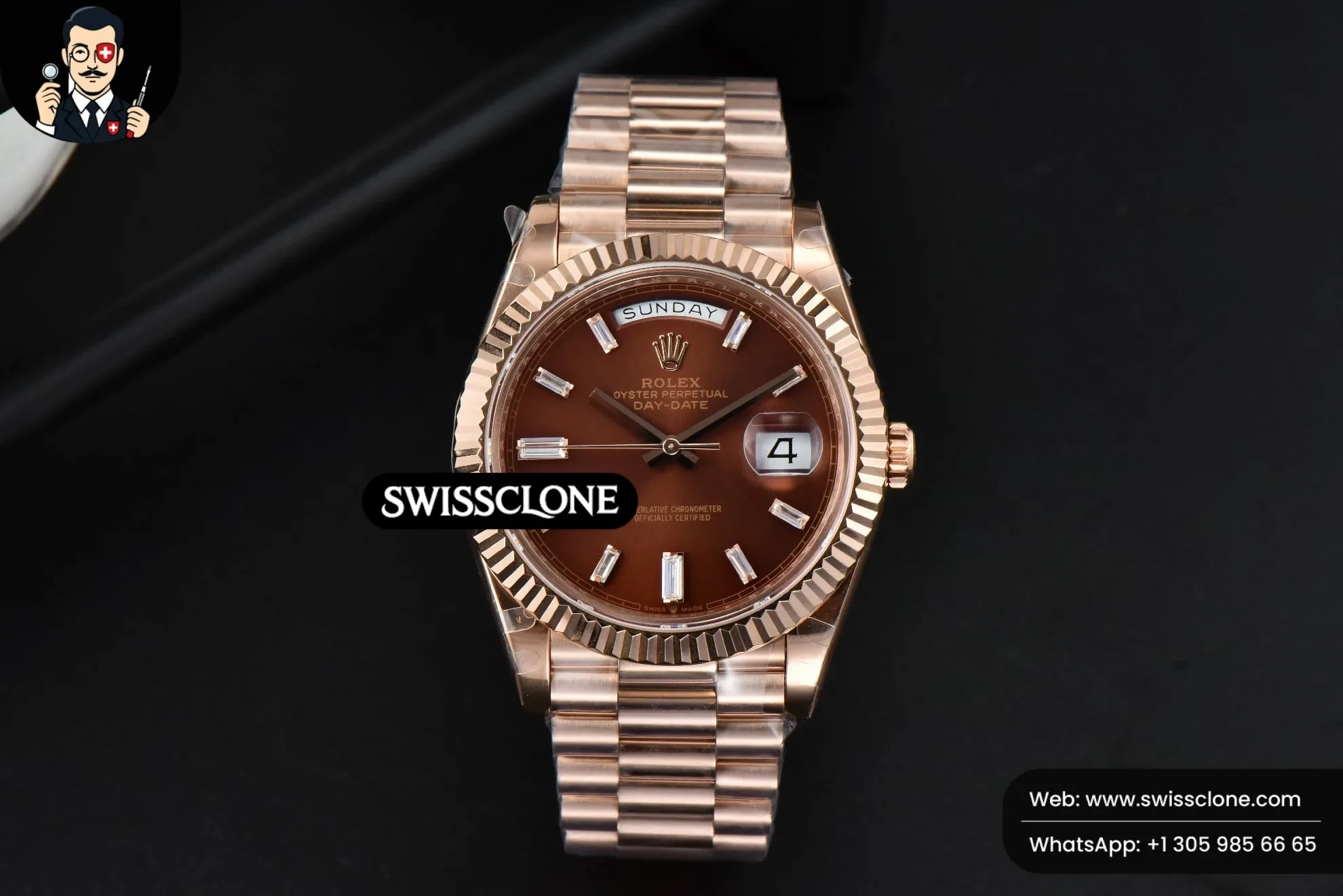 Rolex DayDate 40mm Brown Dial Diamond Marker 1:1 Super Clone - Dial Macro Close-Up