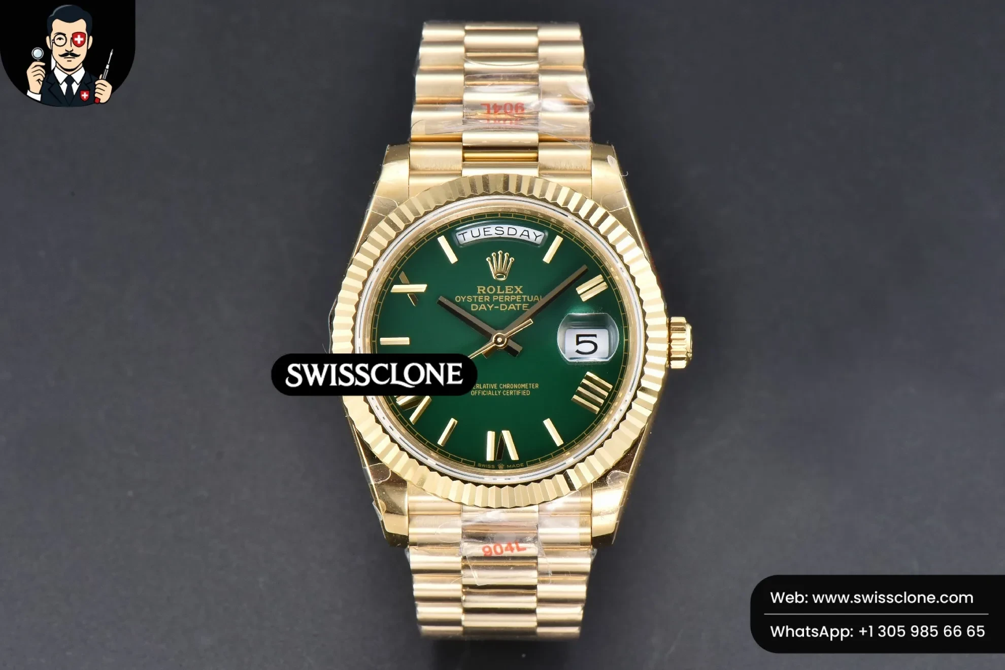 Rolex DayDate 40mm Green Dial Roma Marker President (SW-25634) 1:1 Super Clone - Dial Macro & Hands Close-Up