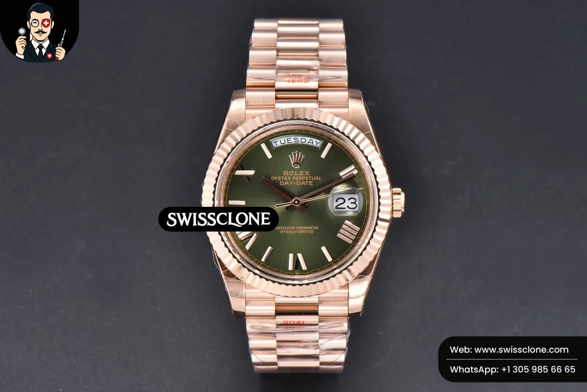 Rolex DayDate 40mm Green Dial Roma Marker President 1:1 Super Clone - Dial Macro Close-Up