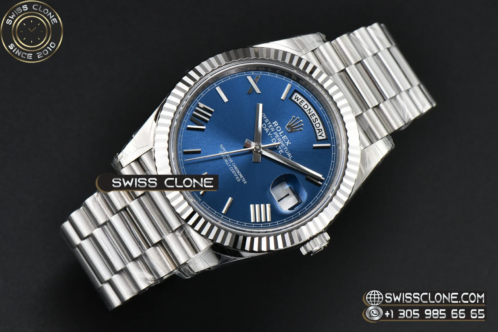 Rolex DayDate 40mm Weighted Blue Dial Roman Marker President DD3255 1:1 Super Clone - Dial Macro Close-Up