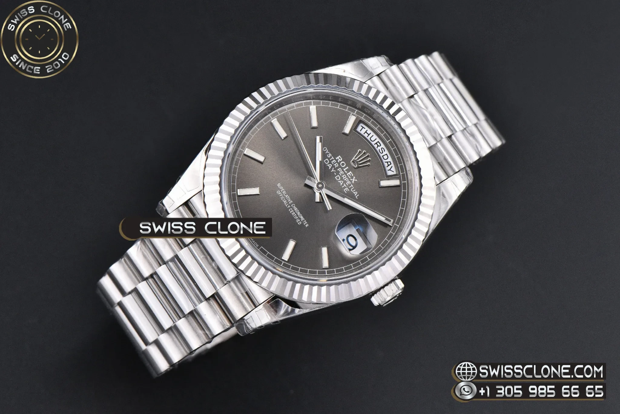 Rolex DayDate 40mm Weighted Gray Dial Lume Marker President DD3255 1:1 Super Clone - Dial Macro Close-Up