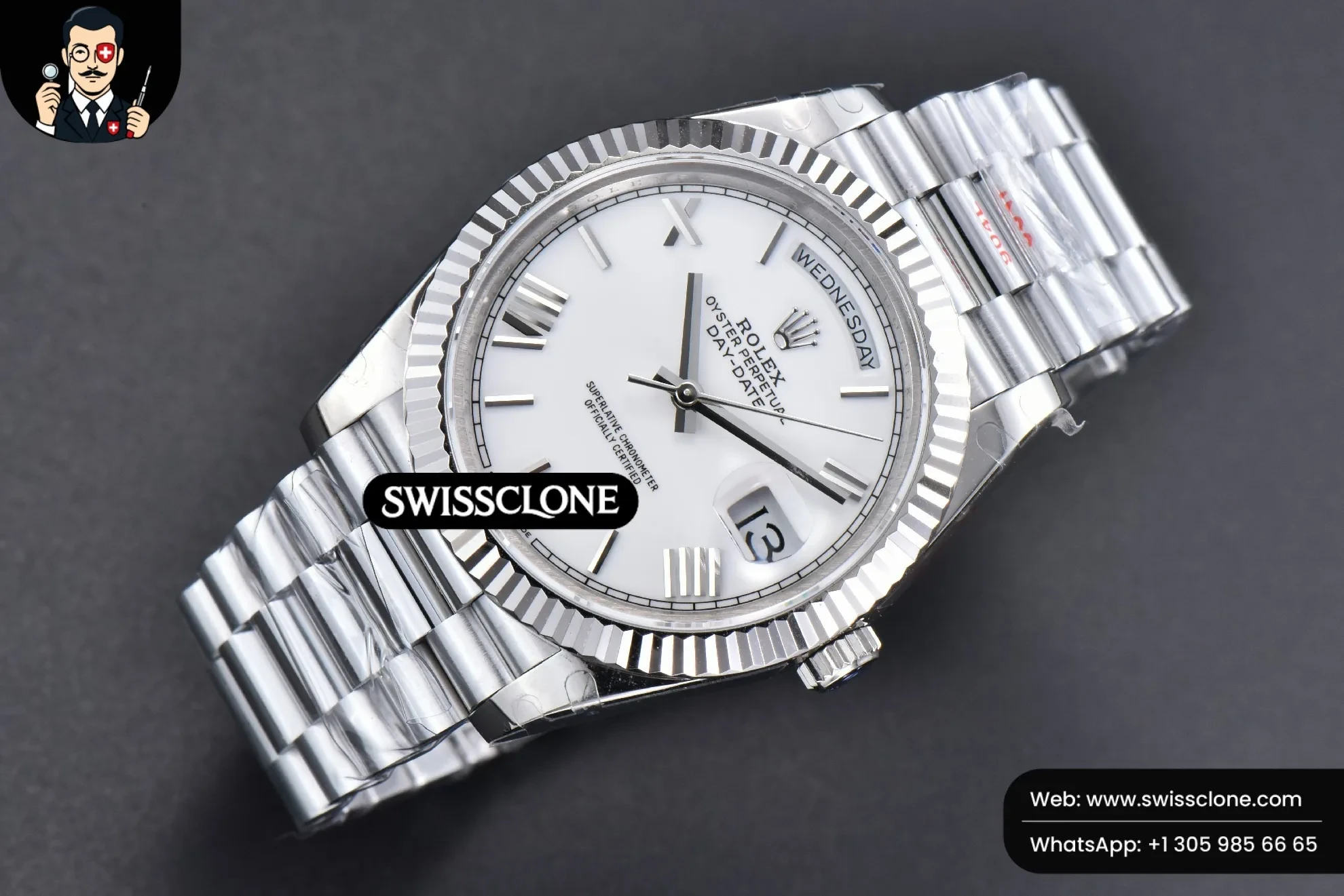Rolex DayDate 40mm White Dial Roma Marker President 1:1 Super Clone - Bezel & Case Profile