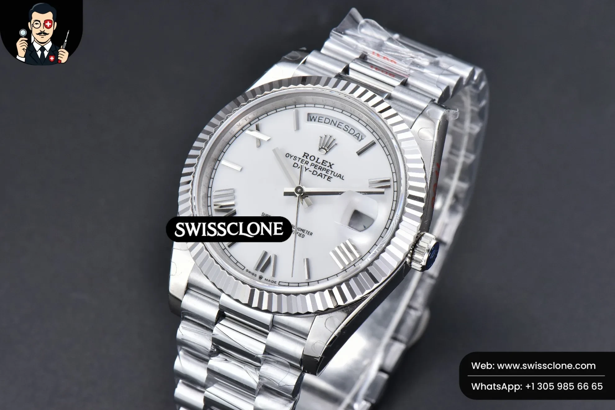 Rolex DayDate 40mm White Dial Roma Marker President 1:1 Super Clone - Clasp & Bracelet Finishing