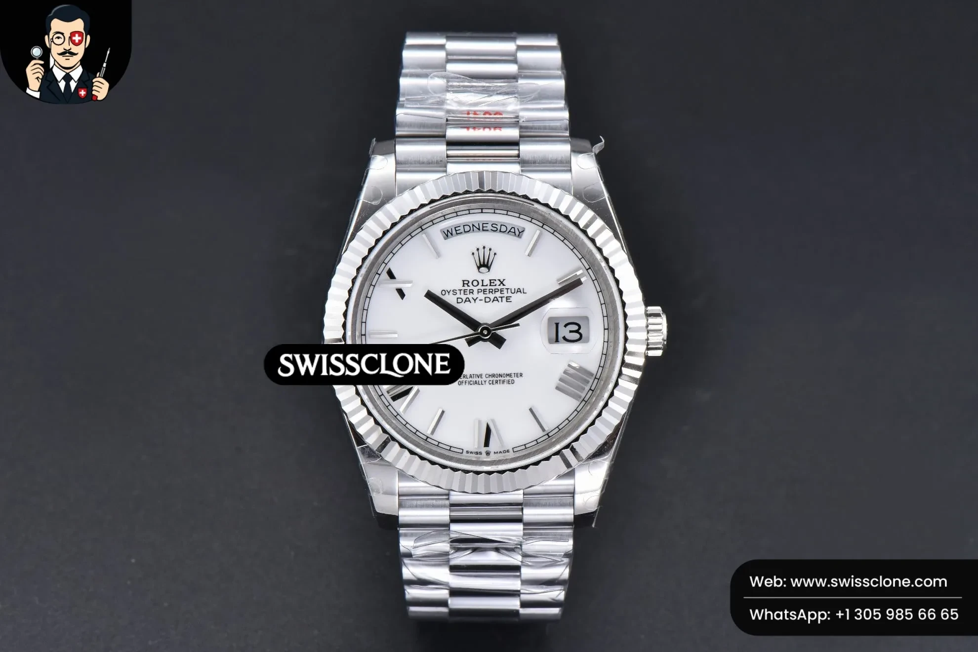 Rolex DayDate 40mm White Dial Roma Marker President 1:1 Super Clone - Dial Macro Close-Up