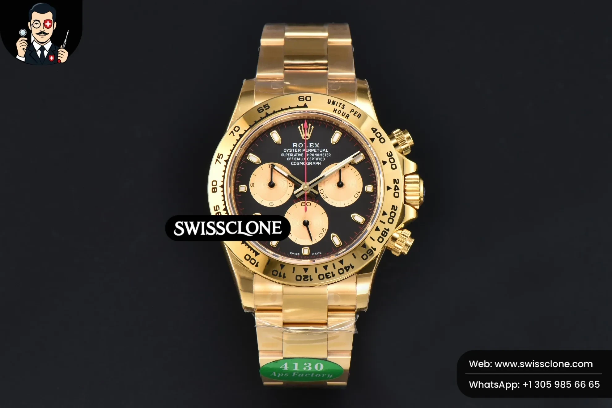 Rolex Daytona 116508 Black/YG Dial Lume Marker Red Hand SH4130 1:1 Super Clone - Dial Macro Close-Up