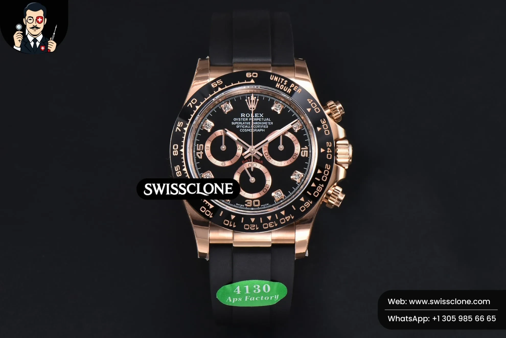 Rolex Daytona 116515 Black Dial Ceramic Bezel Diamond Marker Oysterflex Tungsten SH4130 1:1 Super Clone - Dial Macro Close-Up