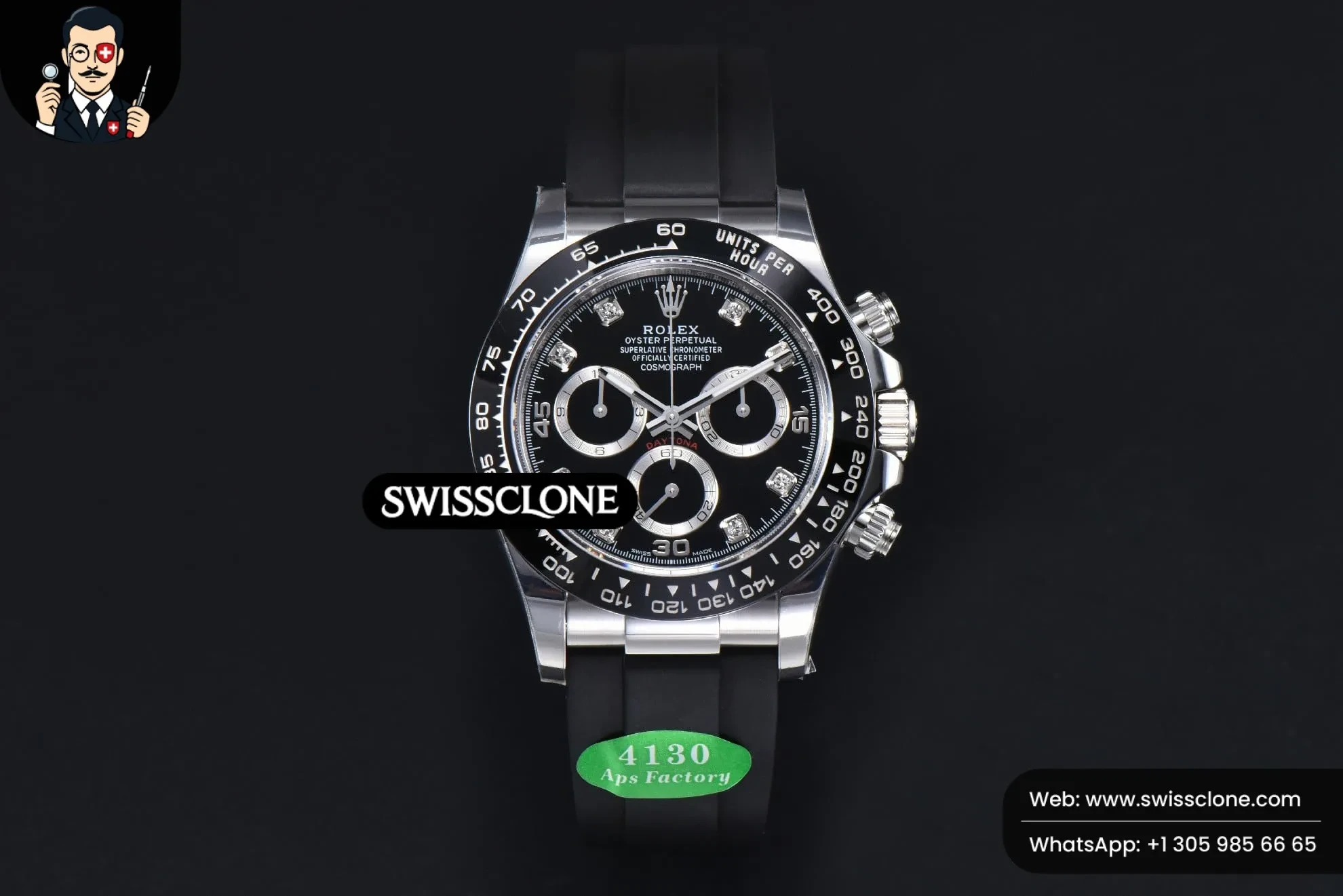 Rolex Daytona 116519 Black Dial Ceramic Bezel Diamond Marker Oysterflex Tungsten SH4130 1:1 Super Clone - Dial Macro Close-Up