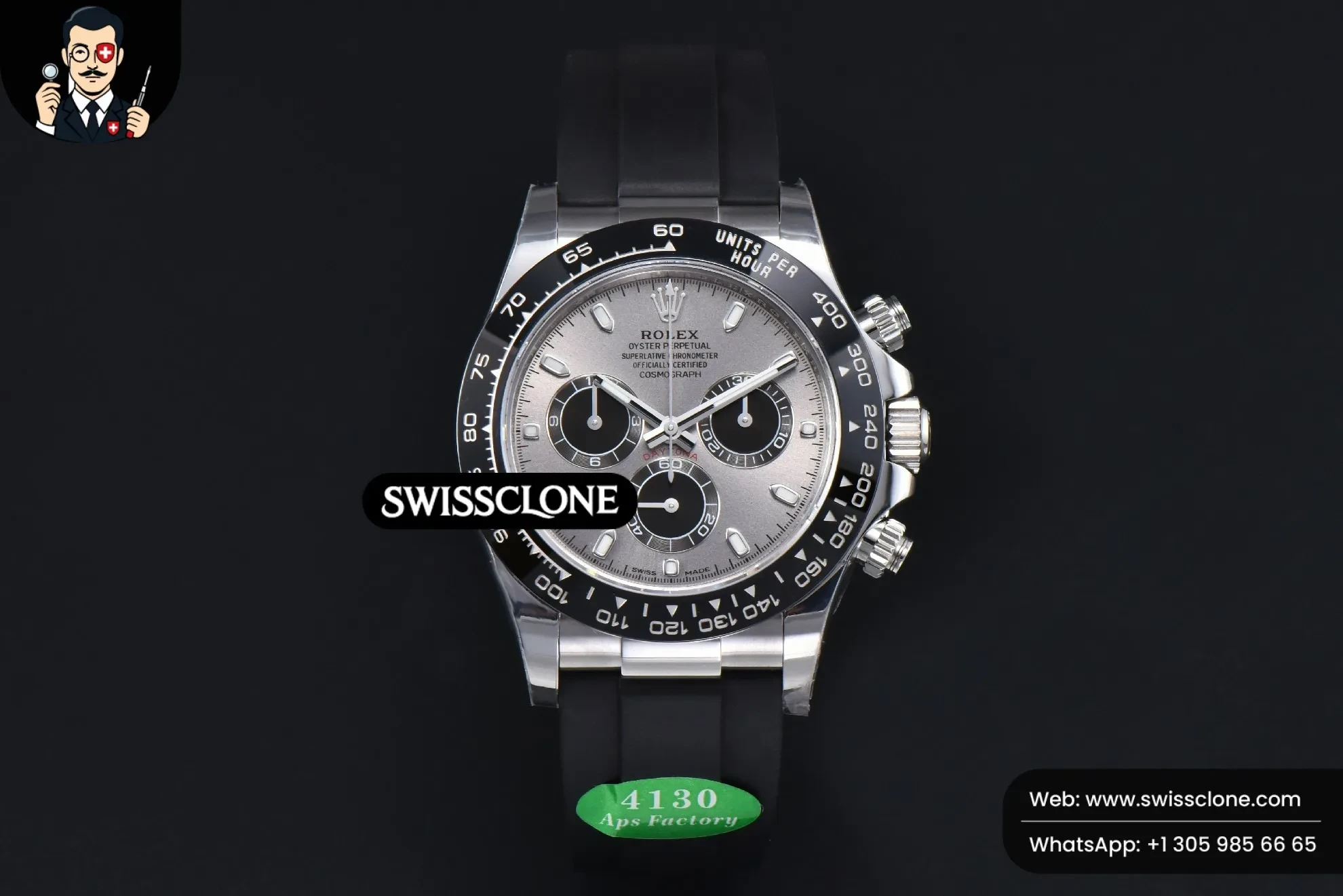 Rolex Daytona 116519 Gray Dial Ceramic Bezel Lume Marker Oysterflex Tungsten SH4130 1:1 Super Clone - Dial Macro Close-Up