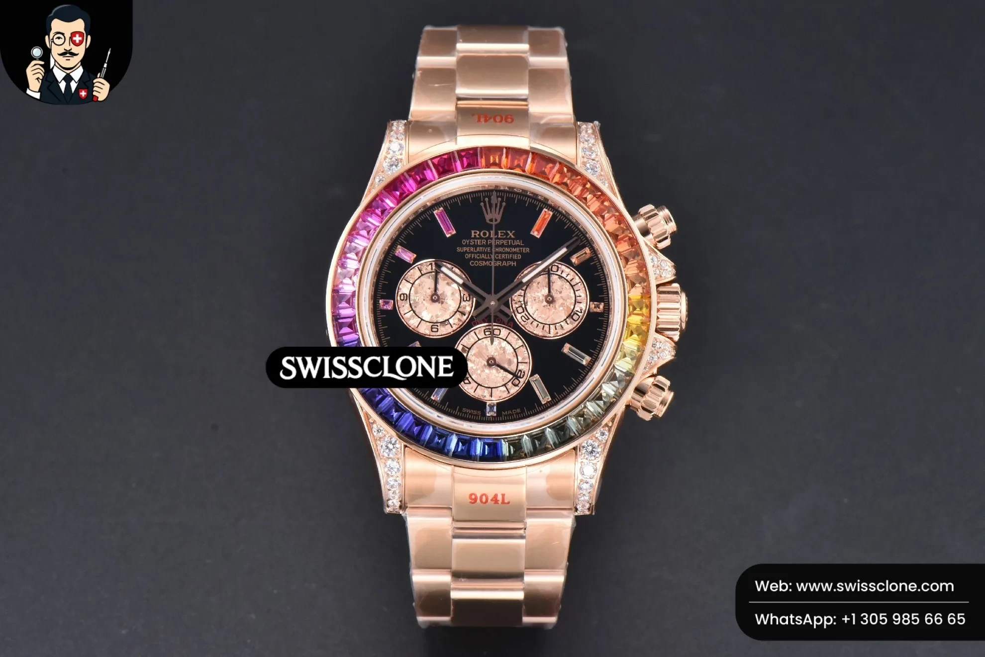 Rolex Daytona 116595 Customized Rainbow Diamond Bezel Black Dial 1:1 Super Clone - Dial Macro Close-Up
