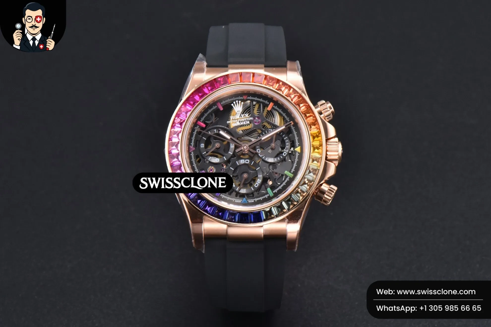 Rolex Daytona PVD Carbon 40mm GETF Rainbow Diamond Skeleton Dial Black Rubber 1:1 Super Clone - Dial Macro Close-Up