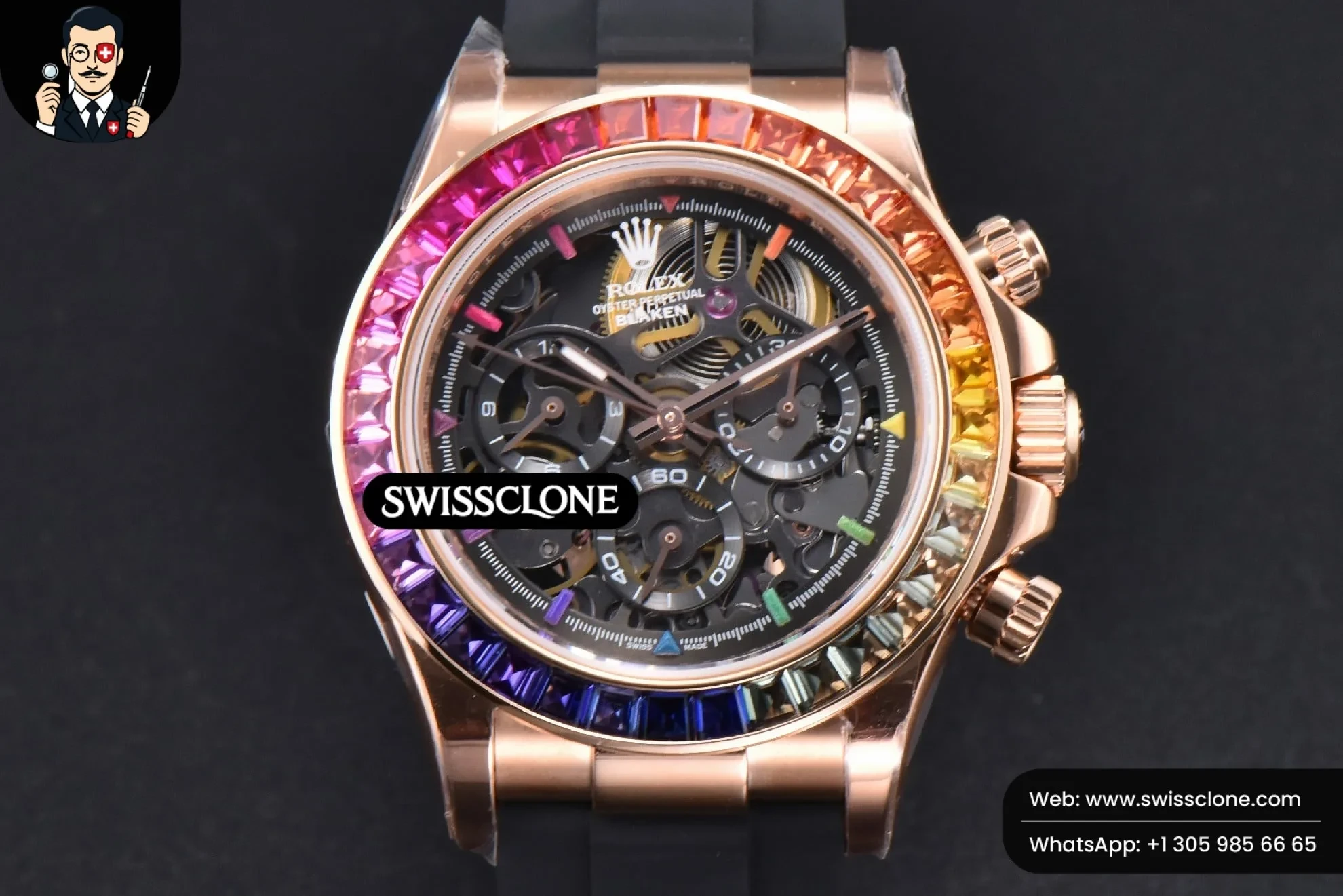 Rolex Daytona PVD Carbon 40mm GETF Rainbow Diamond Skeleton Dial Black Rubber