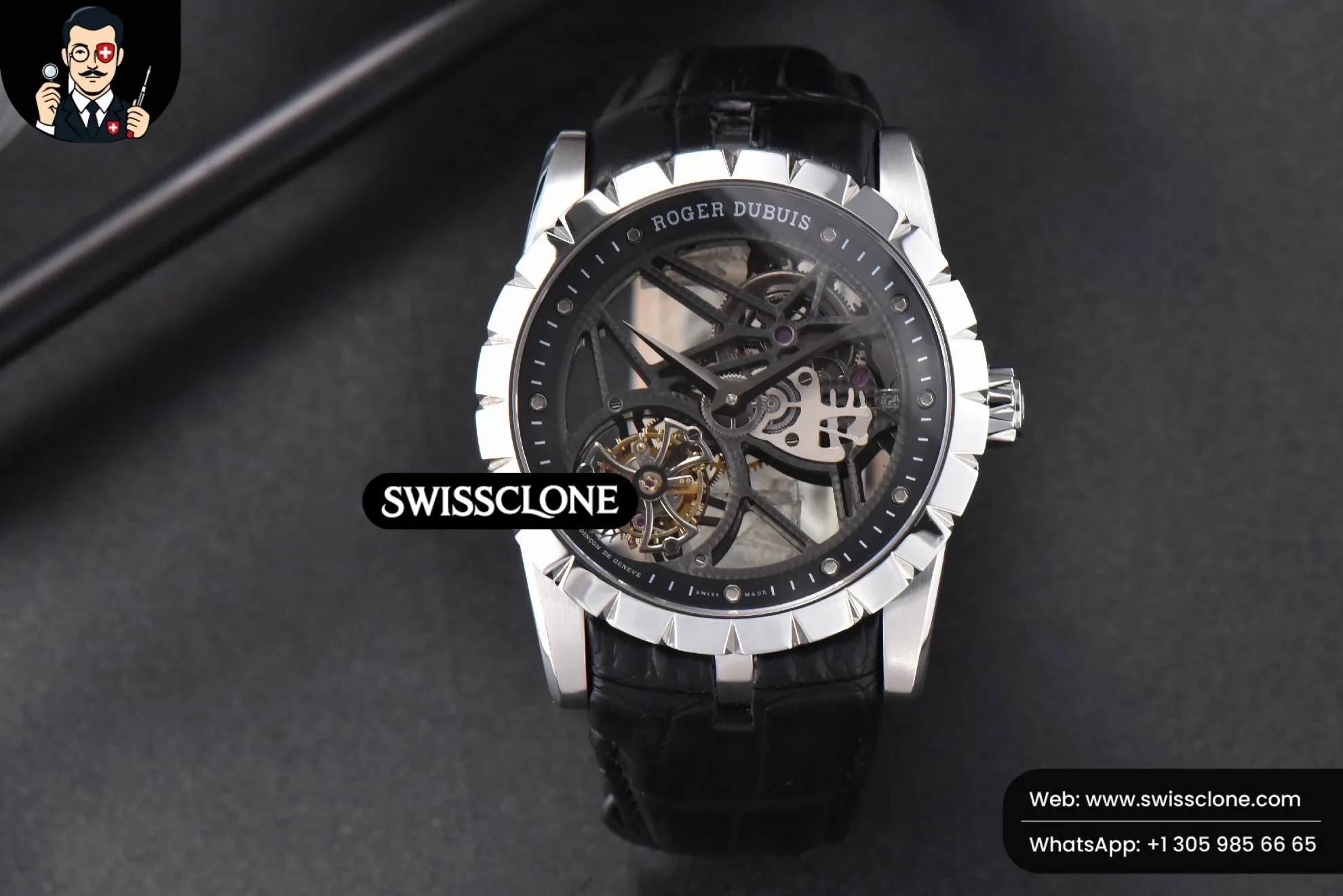 Rolex Excalibur JBF 45mm Black Crown Skeleton Dial Black Croc Leather Tourbillon 1:1 Super Clone - Dial Macro Close-Up