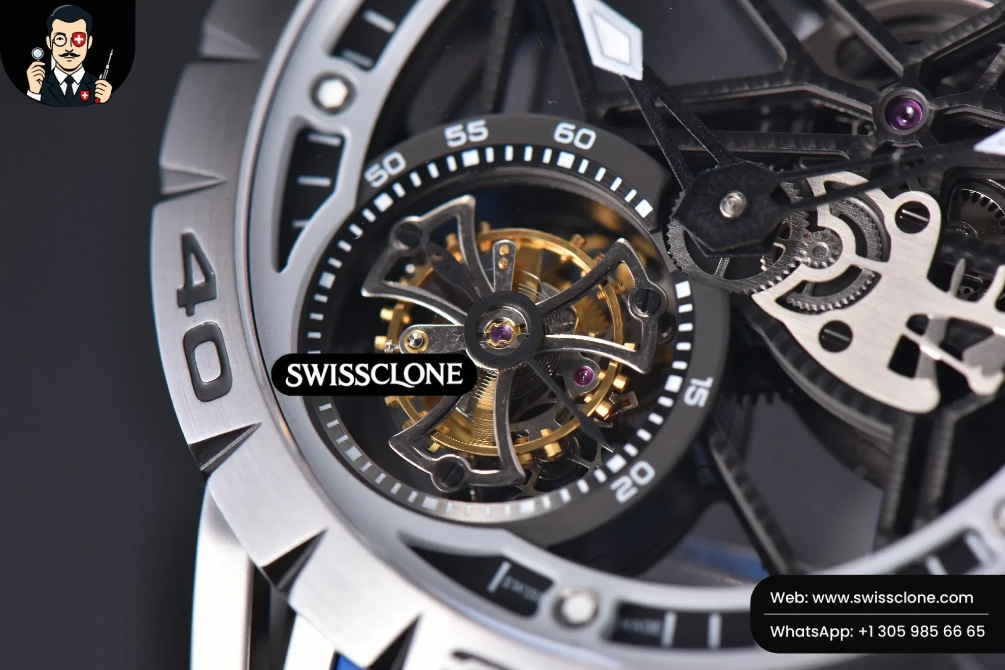 Rolex Excalibur Sports Tourbillon Titanium JBF 46mm Skeleton Dial Black Crown Blue Rubber 1:1 Super Clone - Lateral Case Thickness Profile