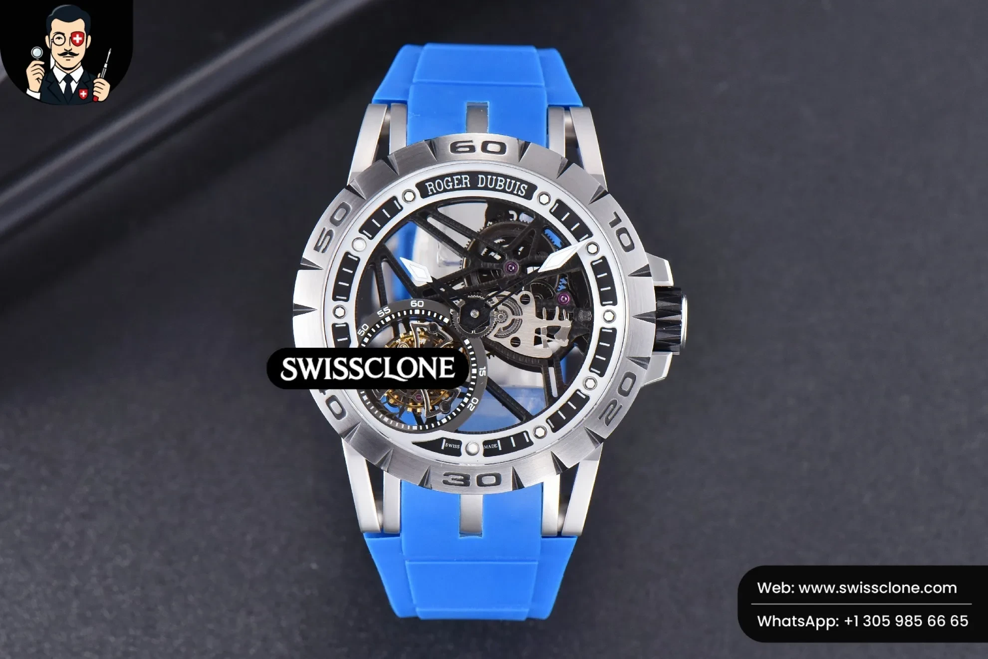 Rolex Excalibur Sports Tourbillon Titanium JBF 46mm Skeleton Dial Black Crown Blue Rubber 1:1 Super Clone - Dial Macro Close-Up