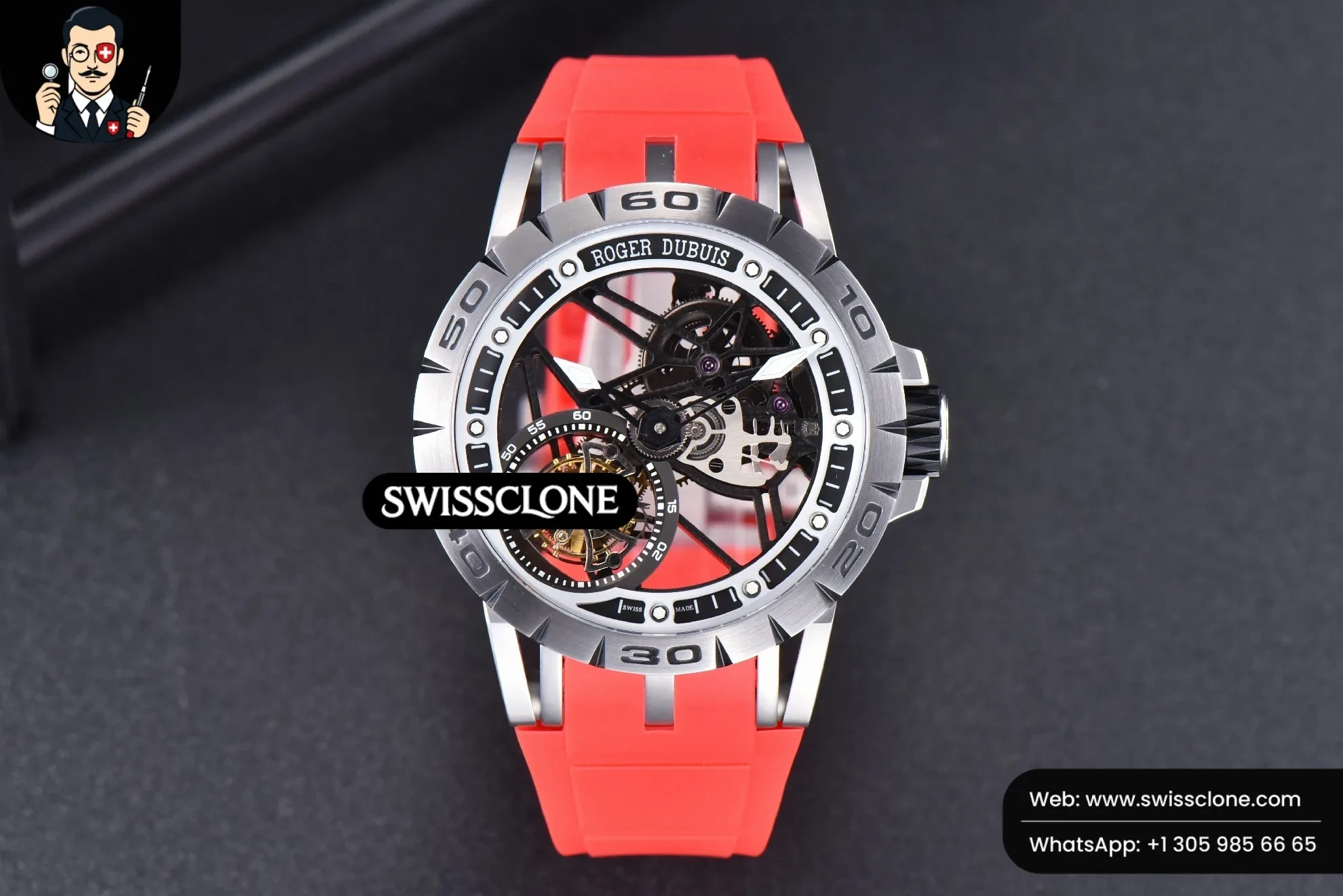 Rolex Excalibur Sports Tourbillon Titanium JBF 46mm Skeleton Dial Black Crown Red Rubber 1:1 Super Clone - Dial Macro Close-Up