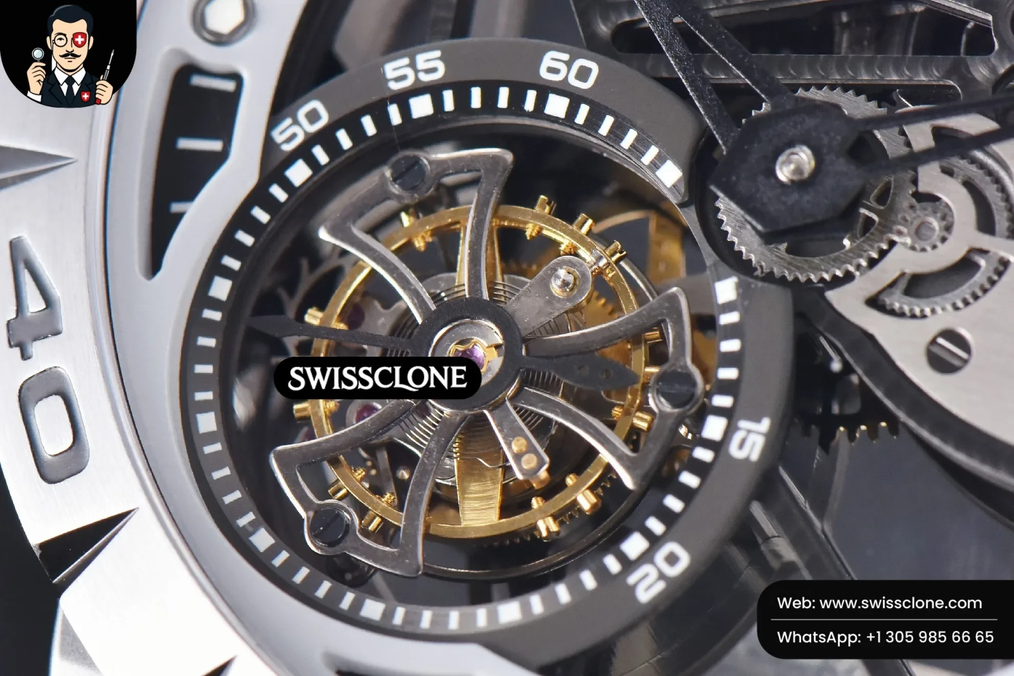 Rolex Excalibur Sports Tourbillon Titanium JBF 46mm Skeleton Dial Black Crown White Rubber 1:1 Super Clone - Lateral Case Thickness Profile