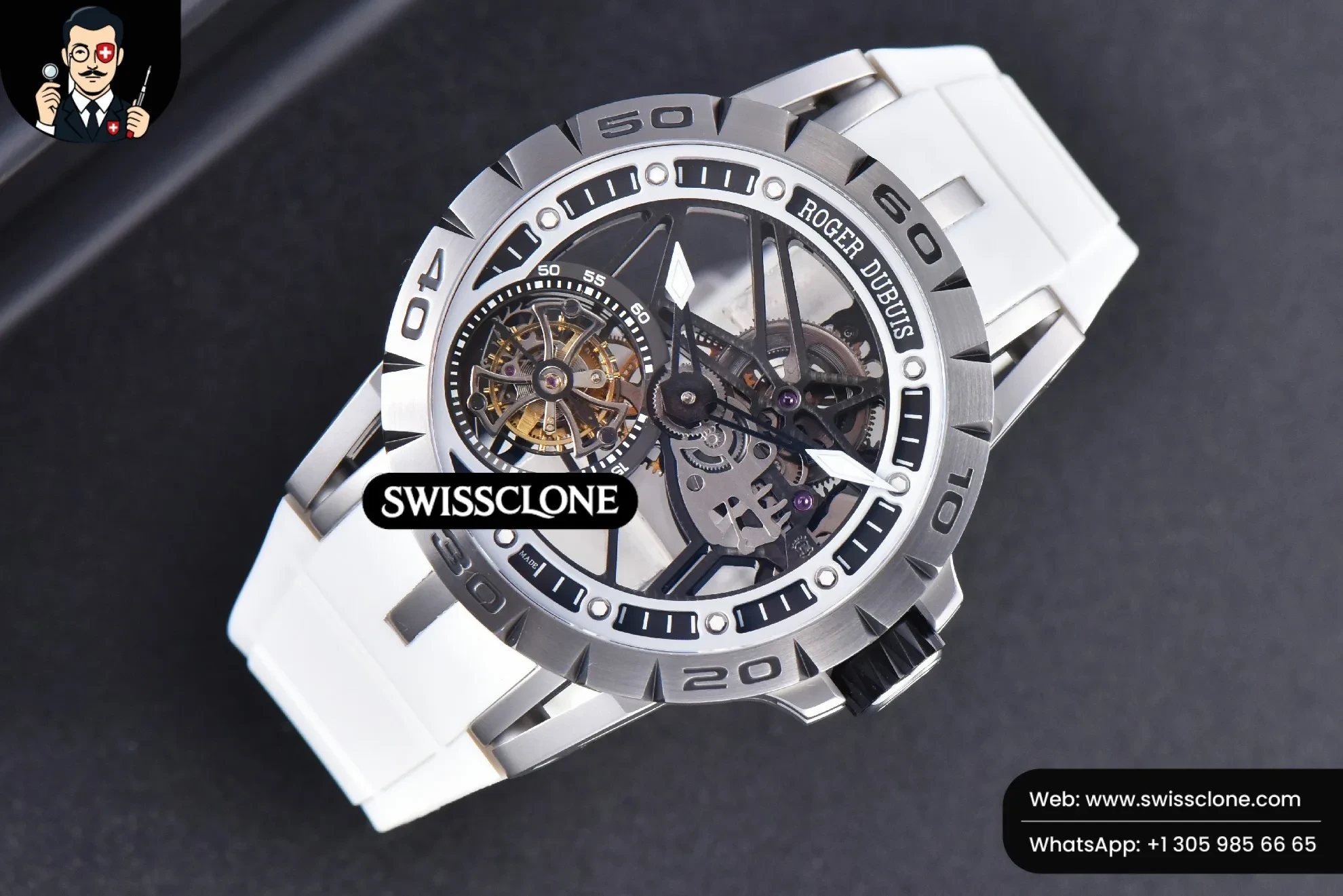 Rolex Excalibur Sports Tourbillon Titanium JBF 46mm Skeleton Dial Black Crown White Rubber 1:1 Super Clone - Bezel & Case Profile