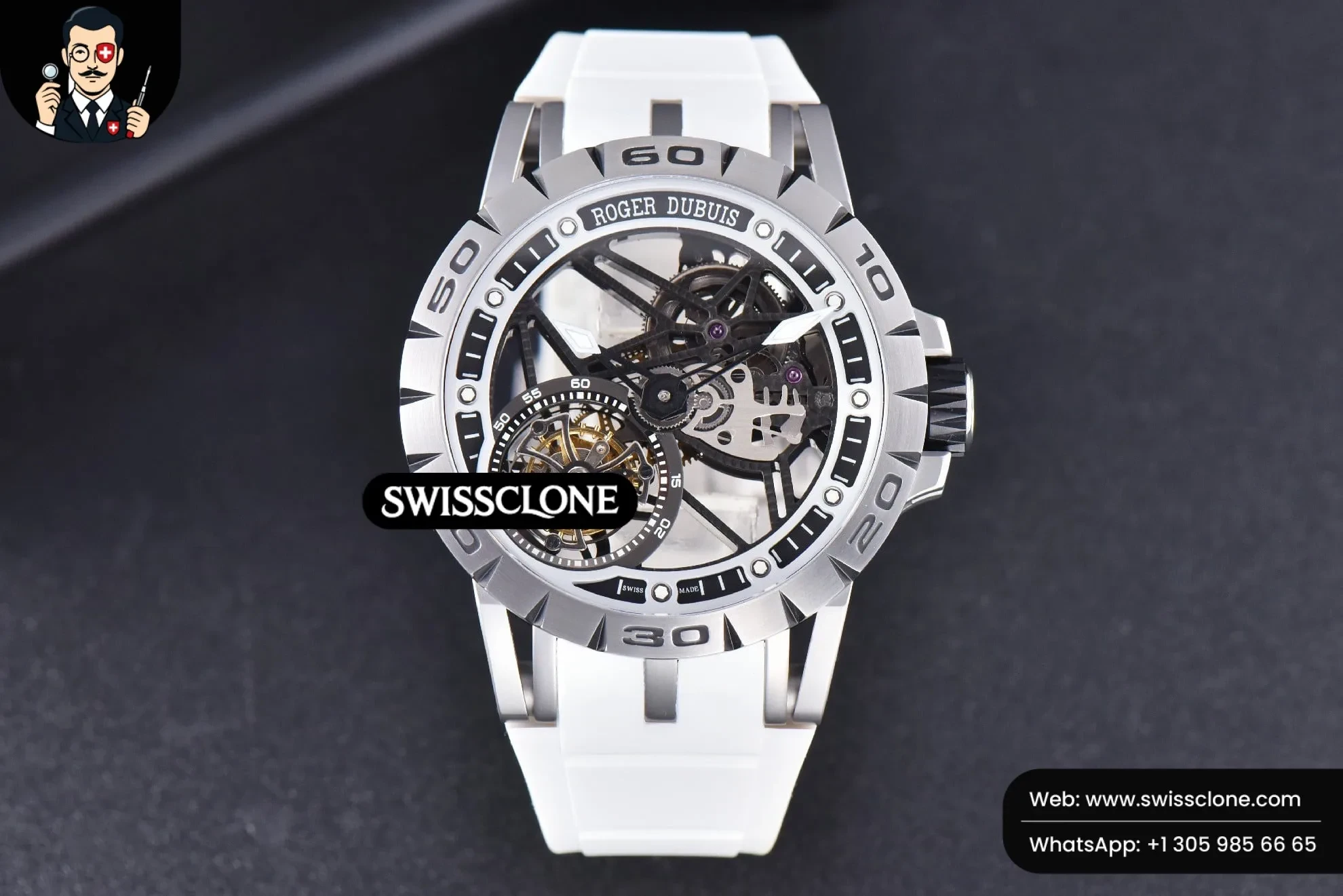 Rolex Excalibur Sports Tourbillon Titanium JBF 46mm Skeleton Dial Black Crown White Rubber 1:1 Super Clone - Dial Macro Close-Up