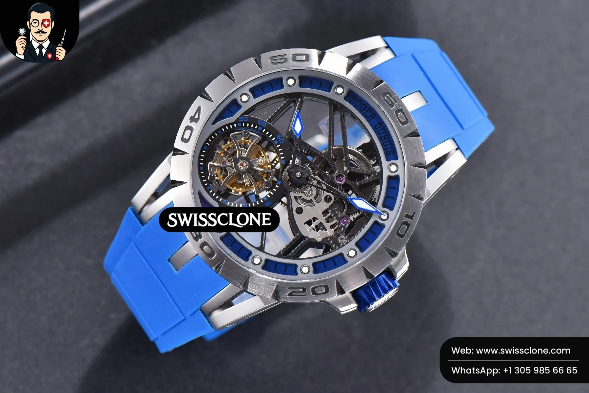 Rolex Excalibur Sports Tourbillon Titanium JBF 46mm Skeleton Dial Blue Crown Blue Rubber 1:1 Super Clone - Bezel & Case Profile