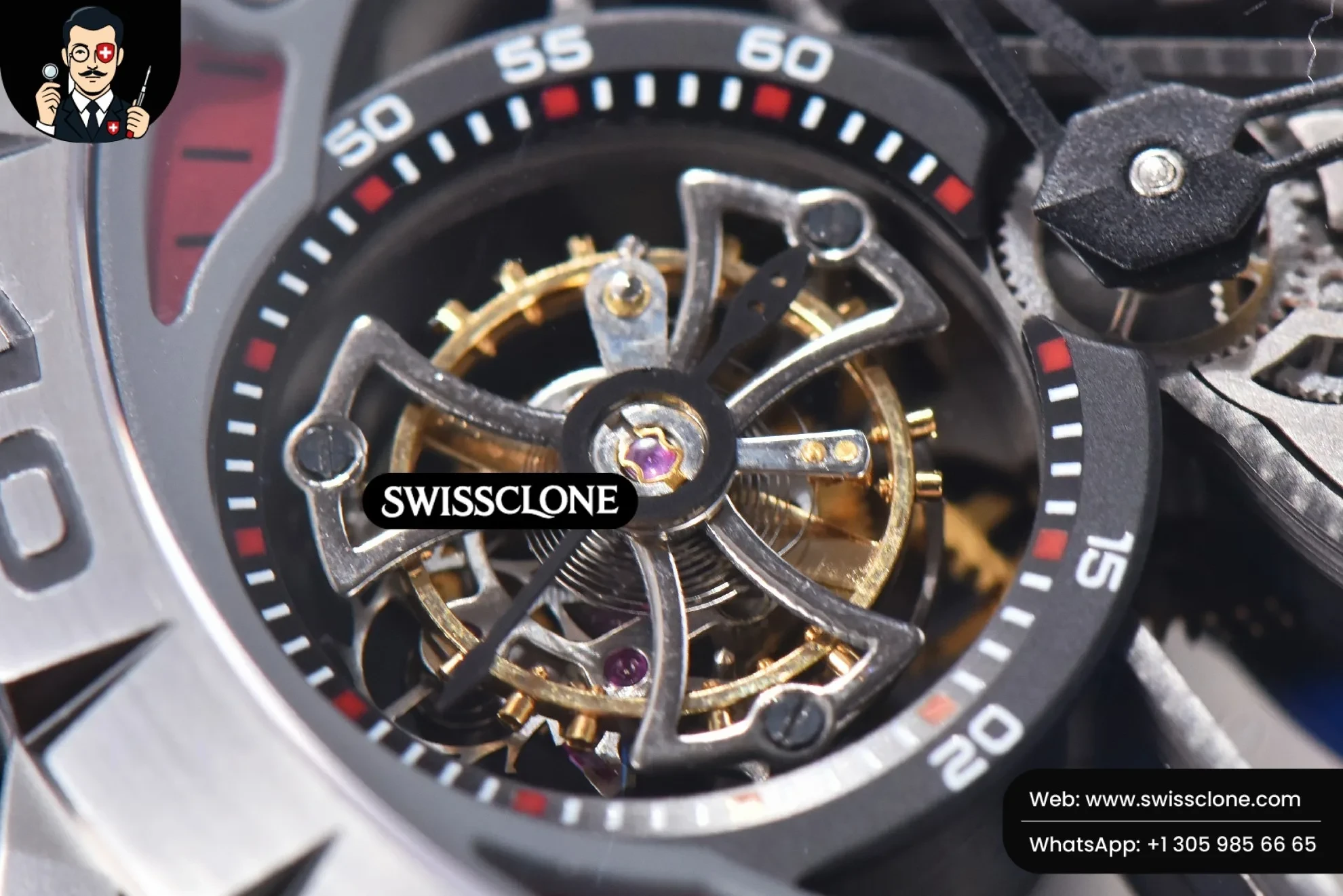 Rolex Excalibur Sports Tourbillon Titanium JBF 46mm Skeleton Dial Red Crown Black Rubber 1:1 Super Clone - Caseback & Cloned Calibre Movement