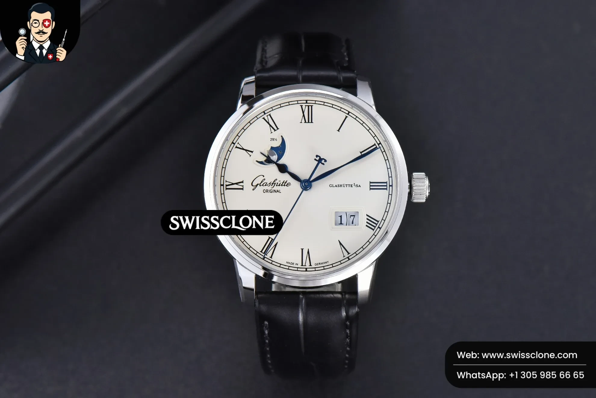 Rolex Excellence Panorama V9F 40mm Date Moonphase White Dial Black Leather 1:1 Super Clone - Dial Macro Close-Up