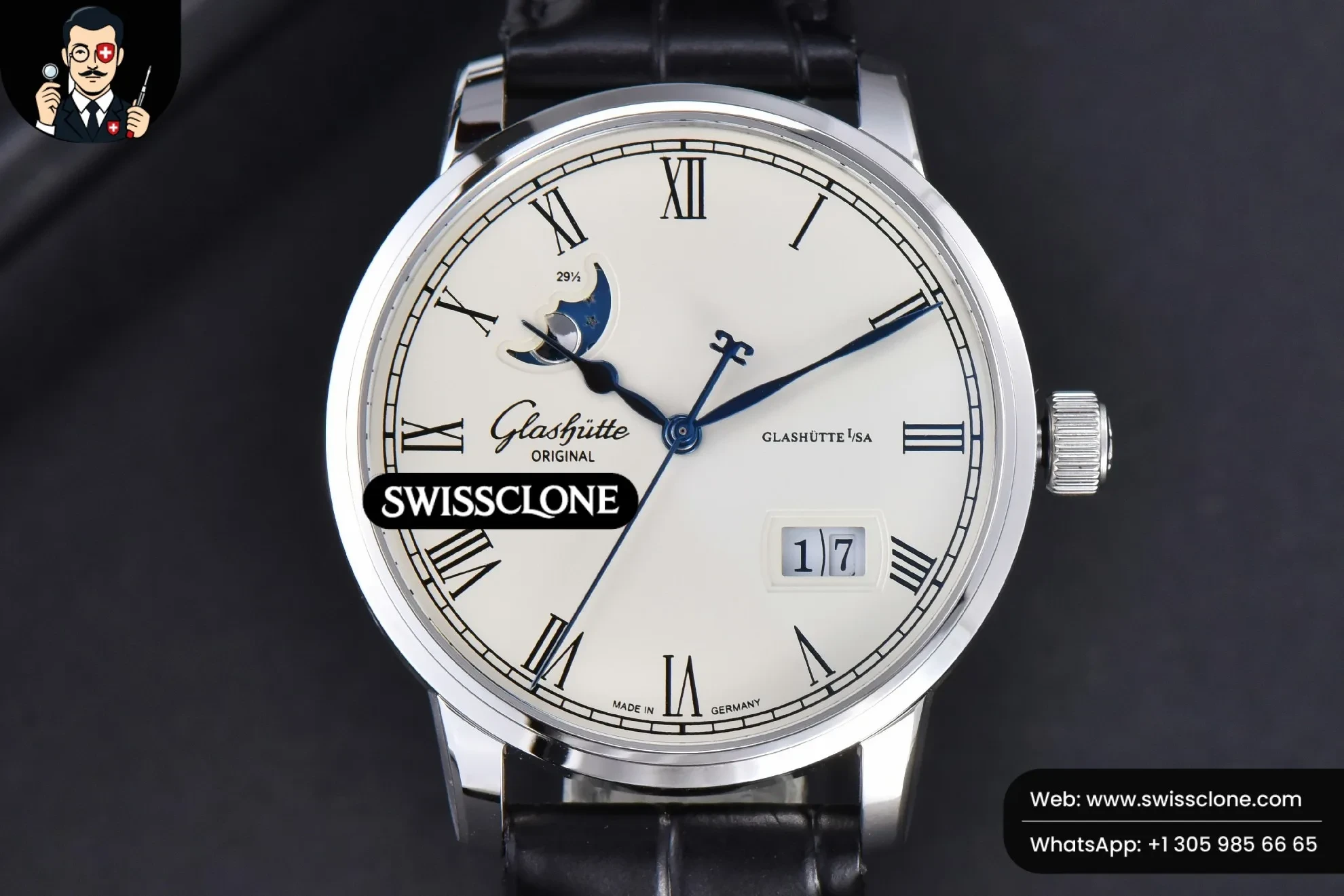 Excellence Panorama V9F 40mm Date Moonphase White Dial Black Leather