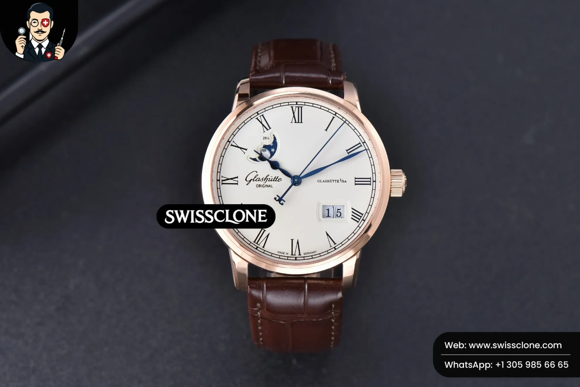 Rolex Excellence Panorama V9F 40mm Date Moonphase White Dial Brown Leather 1:1 Super Clone - Dial Macro Close-Up
