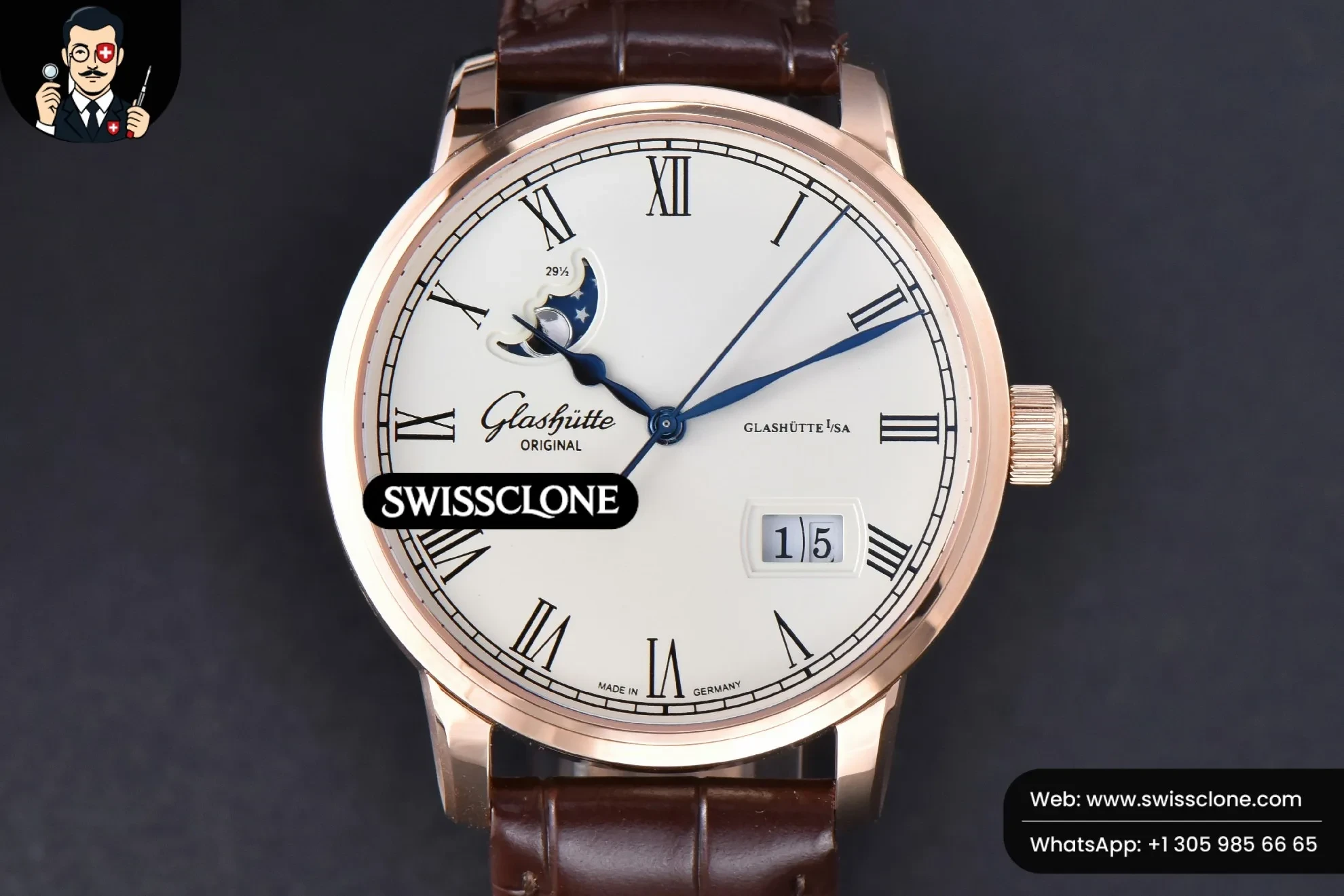 Excellence Panorama V9F 40mm Date Moonphase White Dial Brown Leather