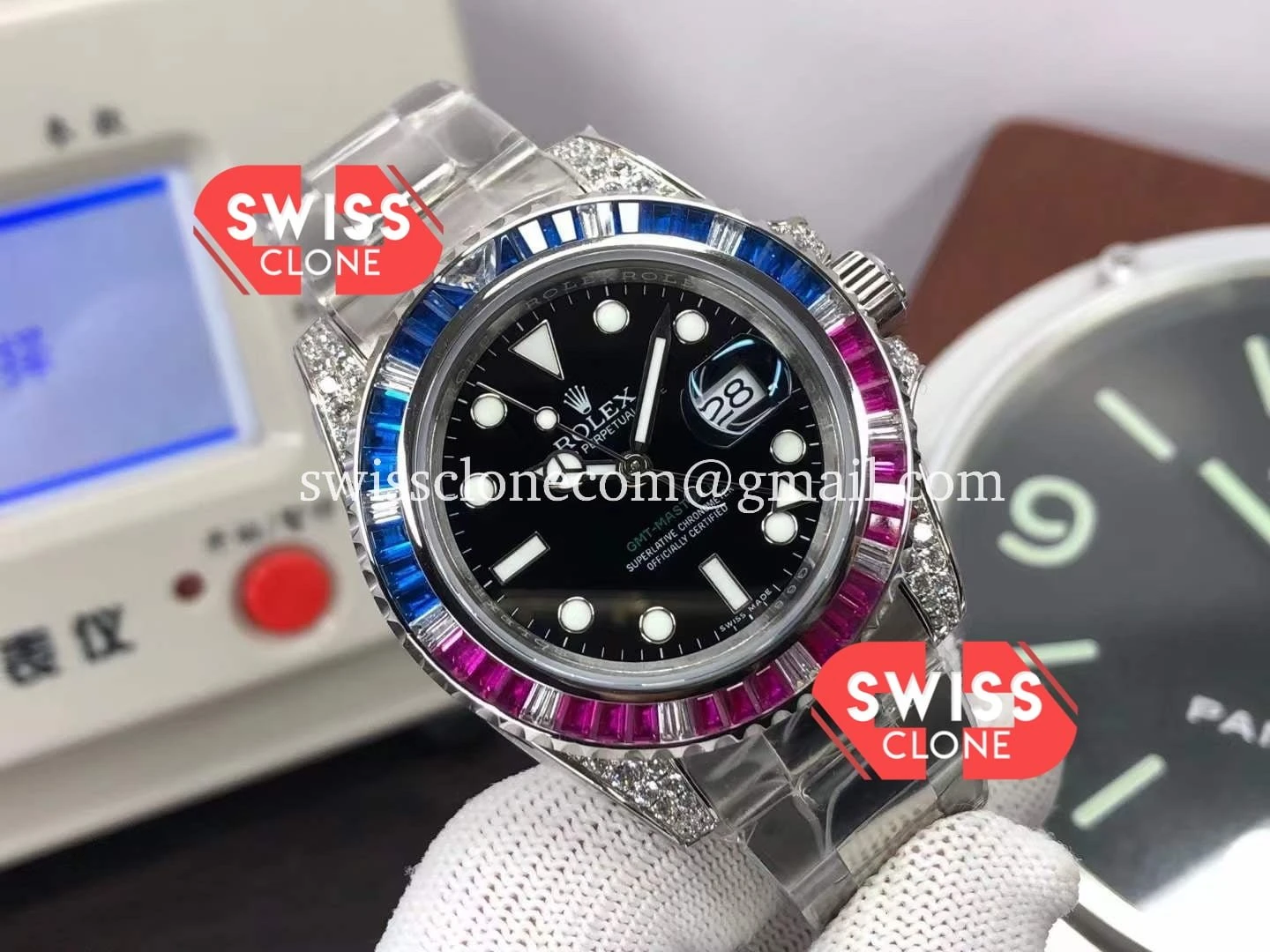 Rolex GMT Masters II Diamond Bezel in 904L Case 1:1 Super Clone - Dial Macro Close-Up