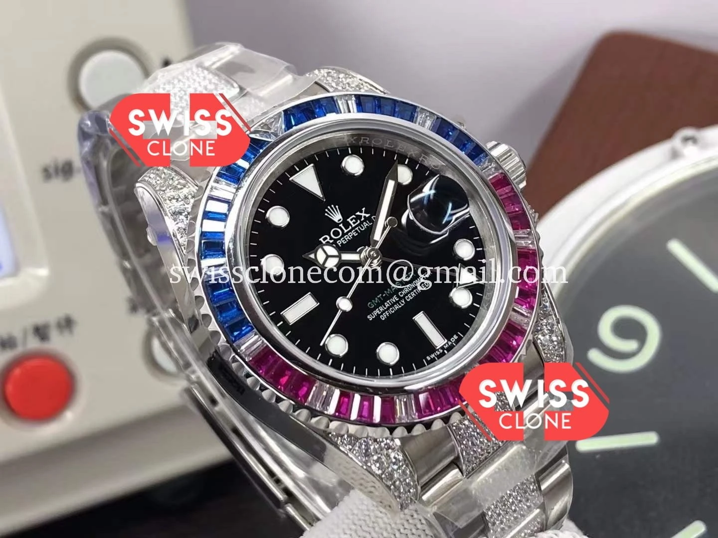Rolex GMT Masters II Diamonds Watch in 904L Case (SW-21701) 1:1 Super Clone - Bezel & Lateral Case Profile