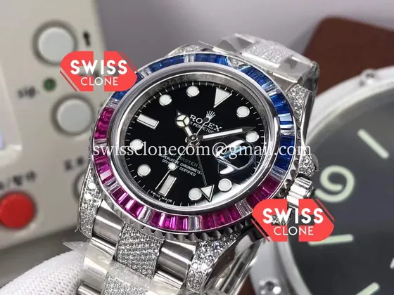 Rolex GMT Masters II Diamonds Watch in 904L Case (SW-21701) 1:1 Super Clone - Clasp & Bracelet Brushed Finishing