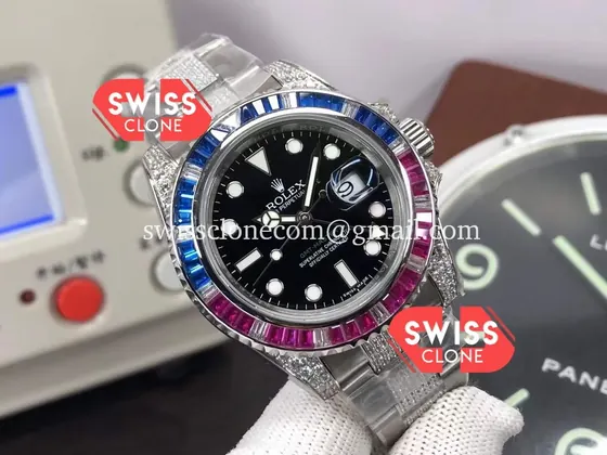 Rolex GMT Masters II Diamonds Watch in 904L Case (SW-21701) 1:1 Super Clone - Dial Macro & Hands Close-Up
