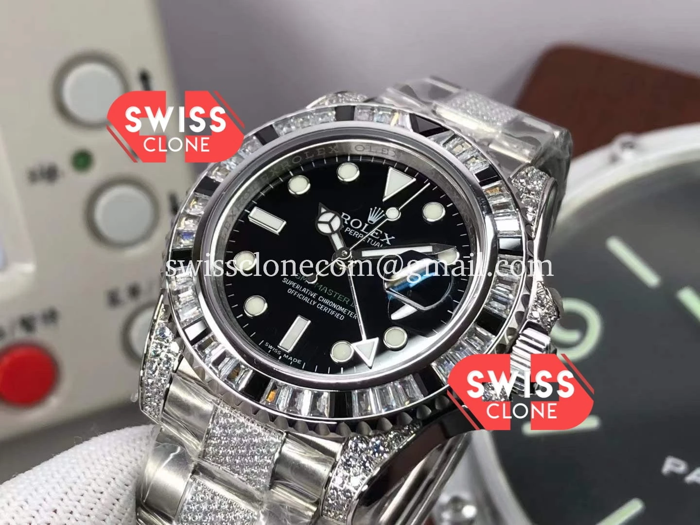 Rolex GMT Masters II Diamonds in 904L Case 1:1 Super Clone - Dial Macro Close-Up