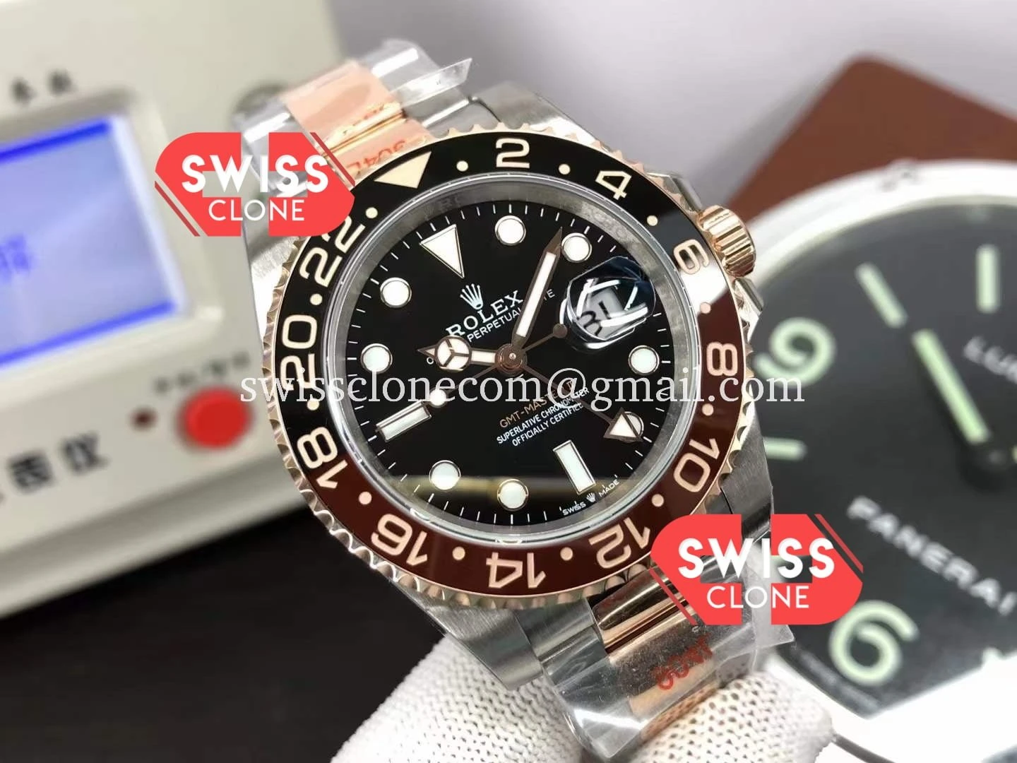 Rolex GMT Masters II M126711CHNR-0002 Everose Two Tone (SW-21363) 1:1 Super Clone - Dial Macro & Hands Close-Up