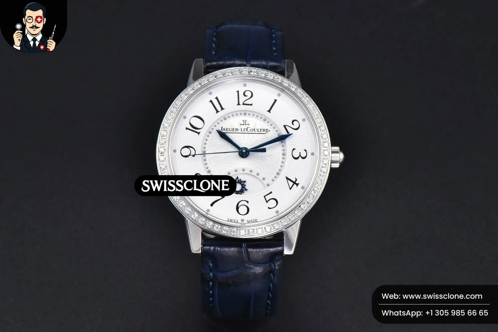 Rolex Jaeger LeCoultre Rendez Vous Night & Day 34mm Diamond White Textured Dial Blue Leather 1:1 Super Clone - Dial Macro Close-Up