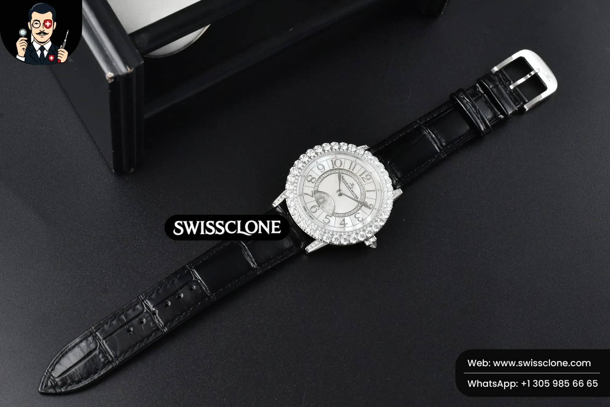 Rolex Jaeger LeCoultre Rendez Vous Night & Day 37mm GF Diamond MOP Dial Black Leather 1:1 Super Clone - Dial Macro Close-Up