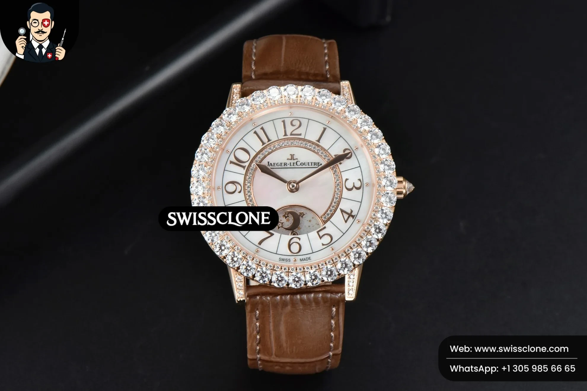 Rolex Jaeger LeCoultre Rendez Vous Night & Day 37mm GF Diamond MOP Dial Brown Leather 1:1 Super Clone - Dial Macro Close-Up