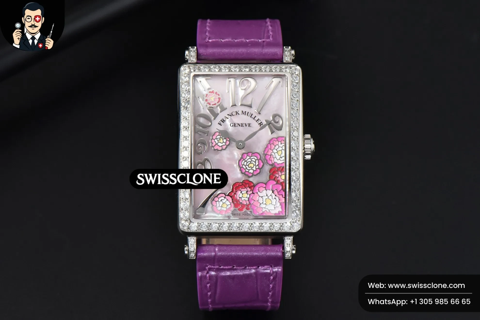 Rolex Long Island Ladies 26mm Diamond MOP Dial Purple Leather Ronda Quartz 1:1 Super Clone - Dial Macro Close-Up