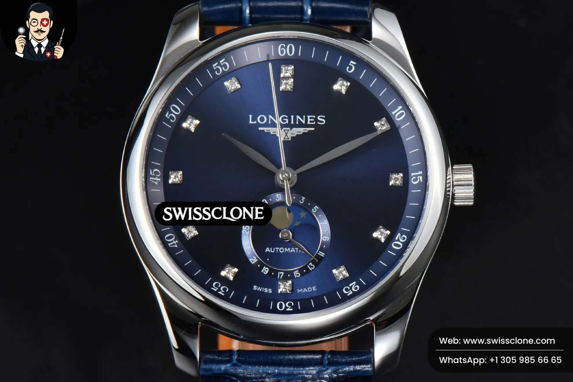 Longines Master Moonphase 40mm GF Blue Dial Diamond Marker Blue Leather