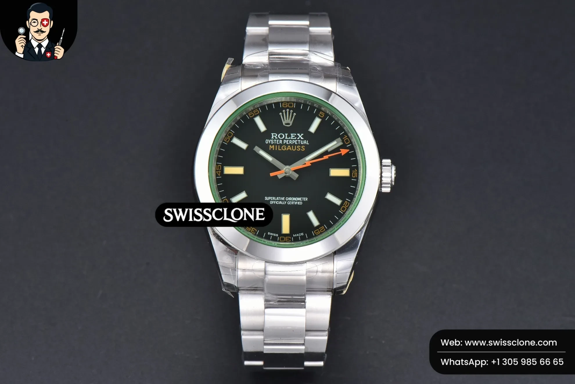 Rolex Milgauss 116400 GV 40mm 904L GSF Black Dial 1:1 Super Clone - Dial Macro Close-Up