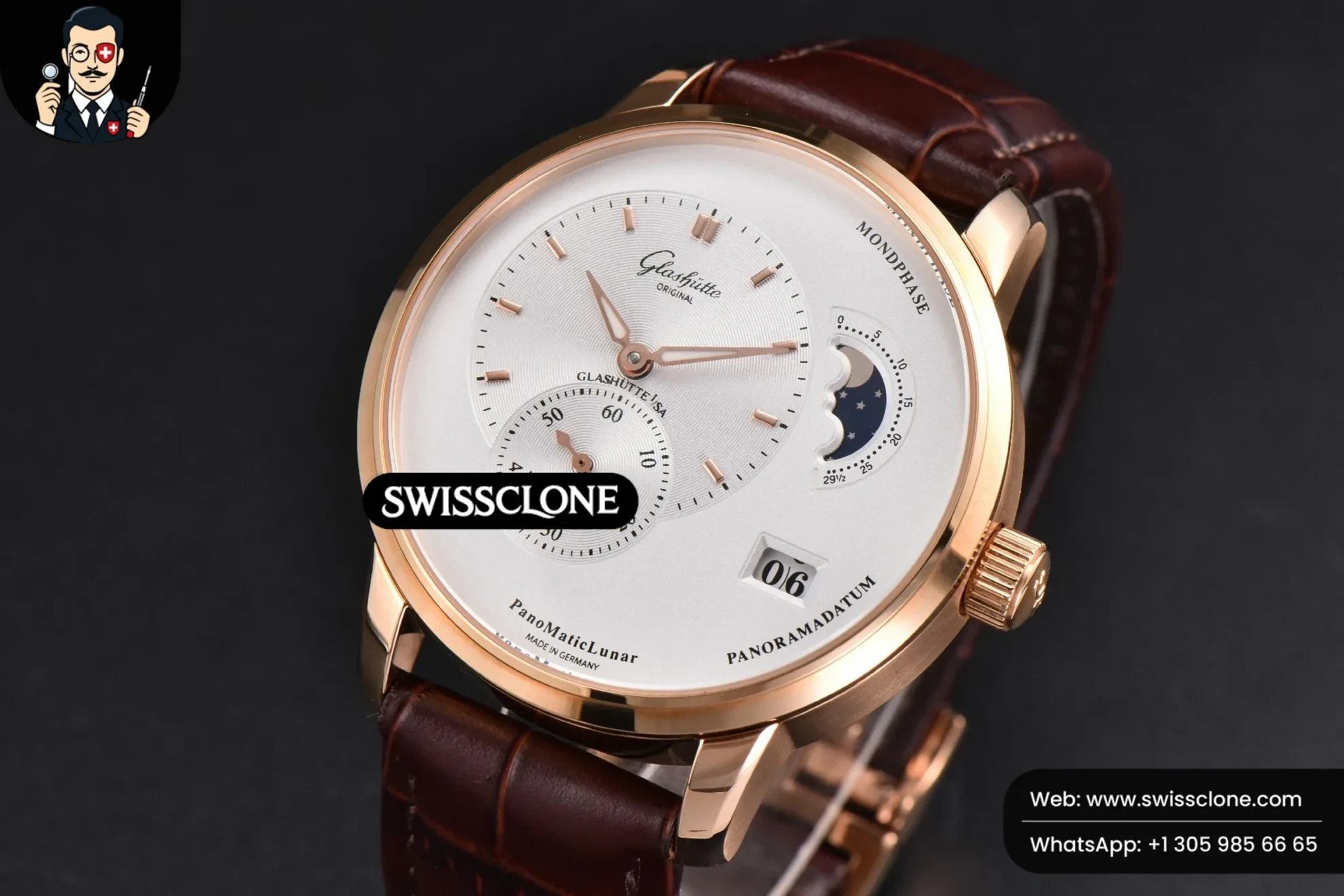 Rolex Panomatic Lunar 40mm White Dial Brown Leather 1:1 Super Clone - Bezel & Case Profile